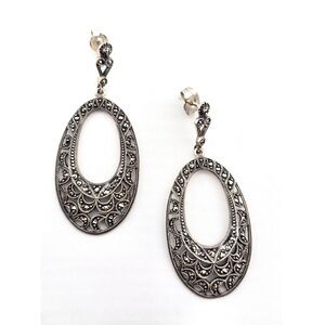 Vintage 925 Sterling Silver Marcasite Earrings Post Oval Drop Thailand Filigree